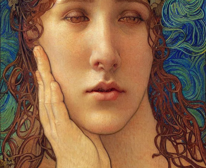 Image similar to detailed realistic beautiful young medieval queen face portrait by jean delville, alphonse mucha, vincent van gogh, and marco mazzoni, art nouveau, symbolist, visionary, gothic, pre - raphaelite