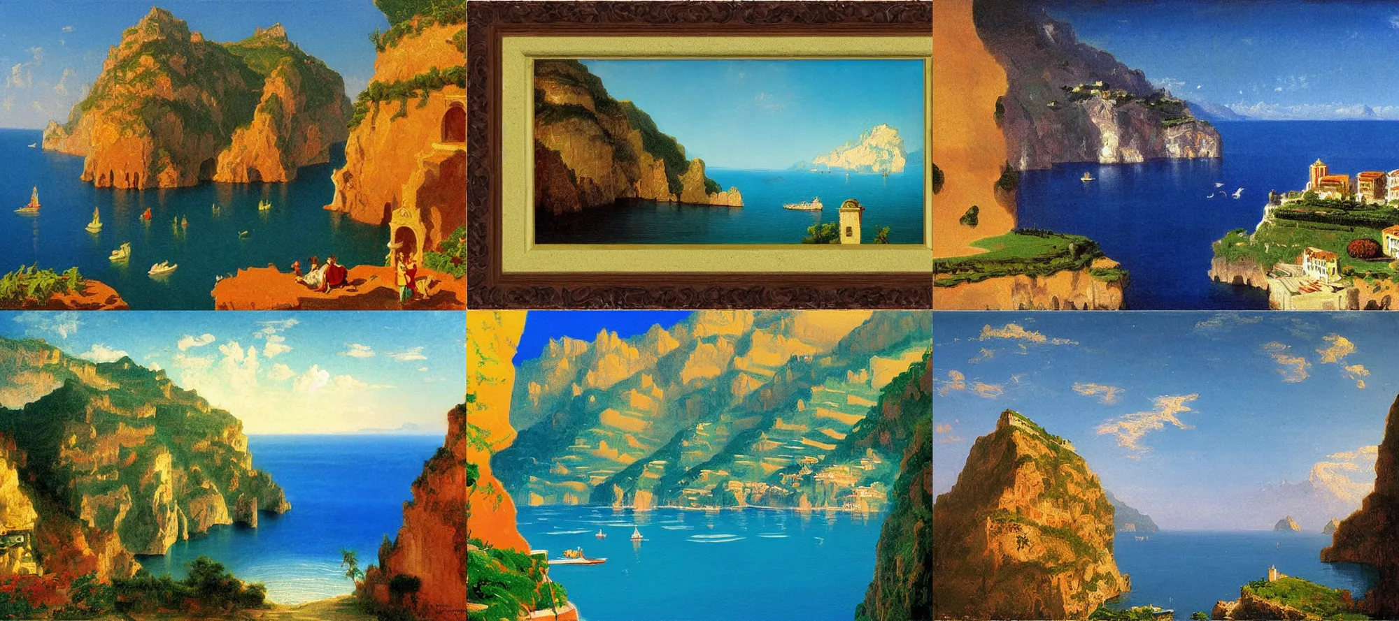 Prompt: amalfi coast in the style of dr. seuss, painting by albert bierstadt