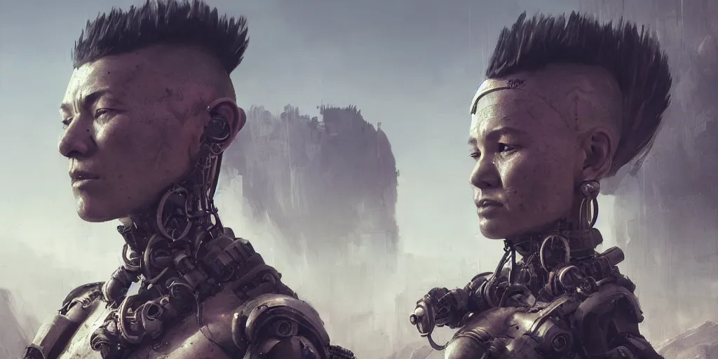 Image similar to meditating monk with mohawk and tattoo on face and cybernetic enhancements, scifi character portrait by greg rutkowski, craig mullins, cinematic lighting, dystopian scifi outfit, profile picture, mechanical, cyborg, half robot ultra realistic 8 k resolution, the backdrop of a post - apocalyptic landscape.