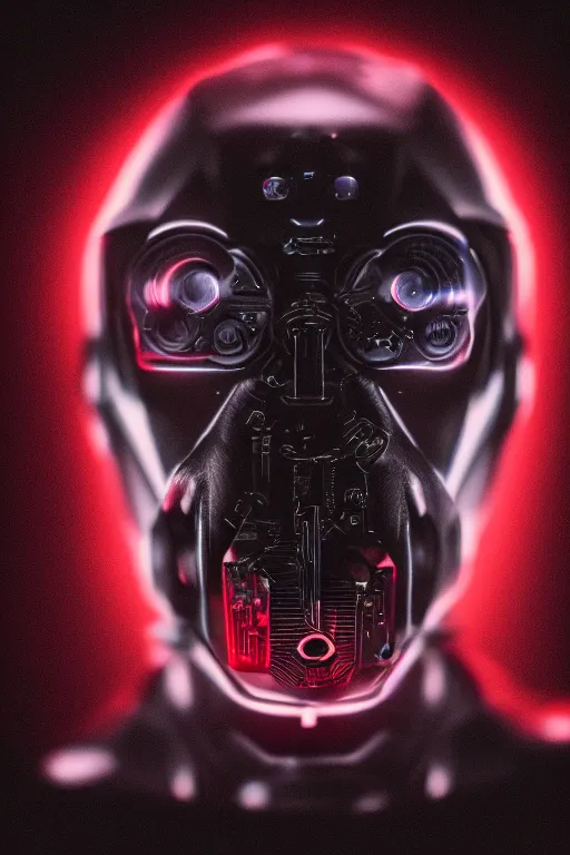 Image similar to photo of a carbon black cyborg, macro shot, dof, cinematic, volumetric lighting, studio shot, red light, 4 k