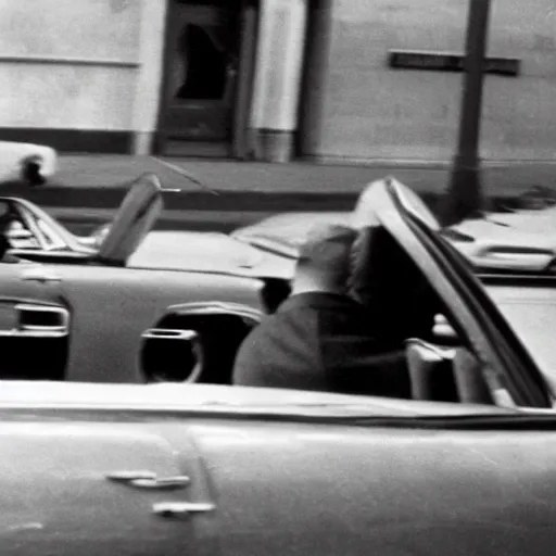 Prompt: noir movie scene, by Abraham Zapruder . a man driving in downtown dallas in an open cabriolet