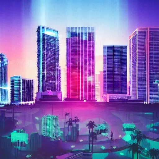 Image similar to vaporwave city, Miami at night. Digital painting. Beeple. Banksy