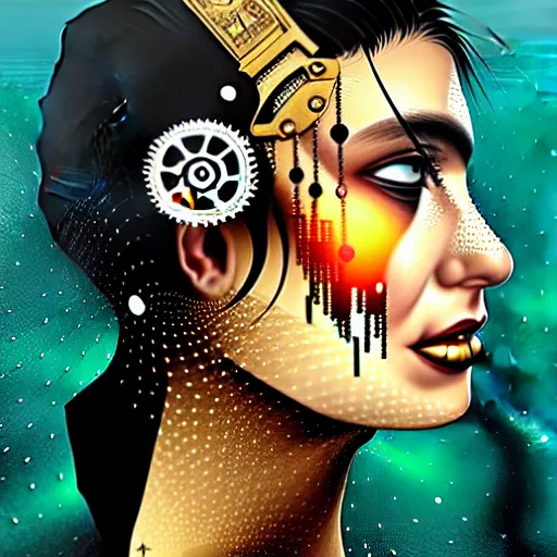 Prompt: portrait of chitral woman :: side profile :: in ocean :: clockwork details :: gold :: blood and horror :: by vikings and Sandra Chevrier