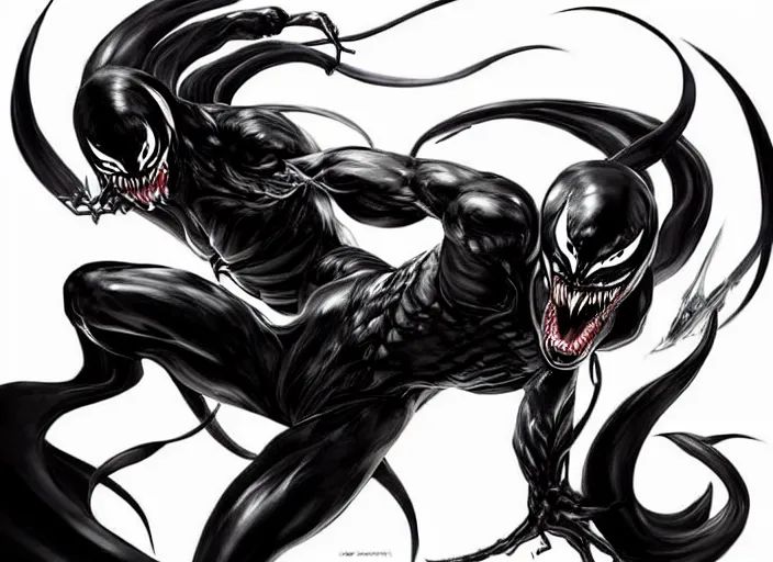 Image similar to artwork of venom by artgerm, amano yoshitaka, berkey john, bowater charlie