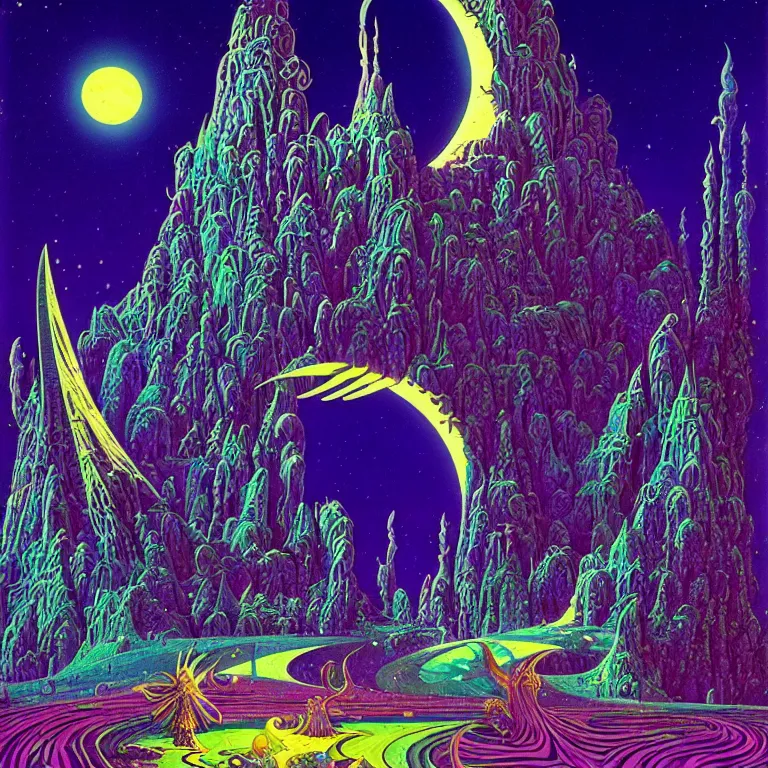 Image similar to mysterious crescent moon over magical crystal temple, bright neon colors, highly detailed, cinematic, tim white, eyvind earle, philippe druillet, roger dean, lisa frank, aubrey beardsley, ernst haeckel
