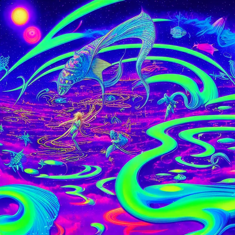 Image similar to cosmic girl and fish float over infinite crystal city, ( ( ( synthwave ) ) ), ( ( fractal waves ) ), bright neon colors, highly detailed, cinematic, tim white, roger dean, michael whelan, caza, bob eggleton, philippe druillet, vladimir kush, kubrick, alfred kelsner, isono, kimura, vallejo