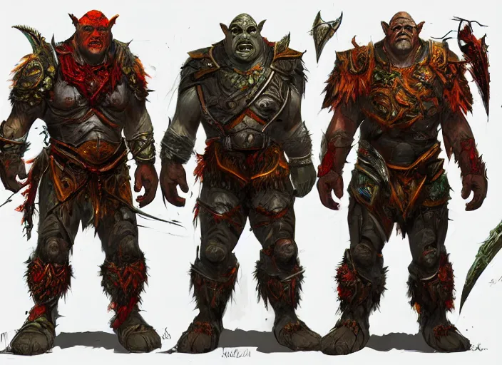 Image similar to three different views of orcs in armour, colourful intricate! concept art by senior character artist, trending on artstation, artstation hd, full body, official art