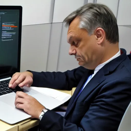 Image similar to viktor orban refactoring code on a laptop in a cubicle, oil painting