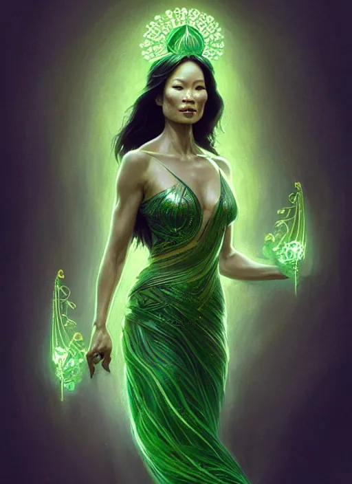 Prompt: lucy liu as green goddess, intricate, elegant, glowing lights, highly detailed, digital painting, artstation, full figure, glamor pose, concept art, smooth, sharp focus, illustration, art by artgerm and greg rutkowski, artey freytag