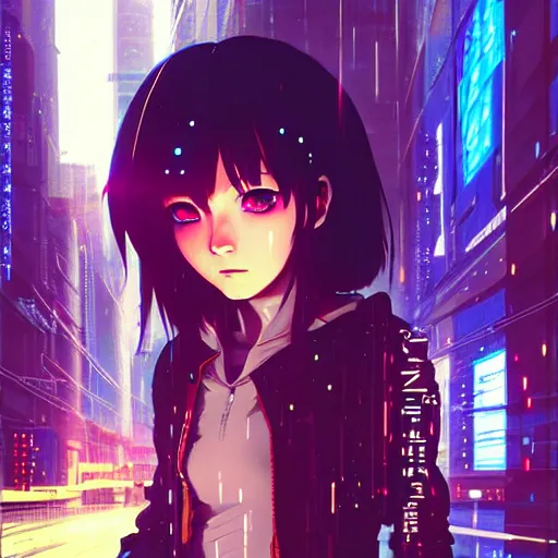 Image similar to cyberpunk anime art, refractions on lens, rowan atkinson as a beautiful cyborg girl in the style of arcane, full round face, biomechanical details, full body shot, rain, wet street, window reflections, lens flare, wlop, ilya kuvshinov, artgerm, krenz cushart, greg rutkowski