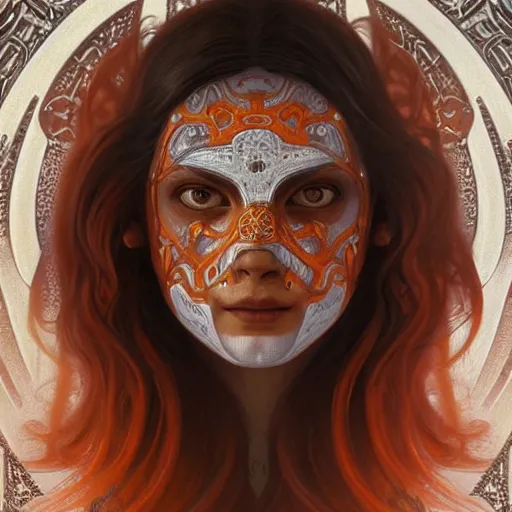 Image similar to portrait of a norse moon goddess with orange skin and a ceramic face mask, intricate, elegant, highly detailed, digital painting, artstation, concept art, smooth, sharp focus, illustration, art by artgerm and greg rutkowski and alphonse mucha and william - adolphe bouguereau