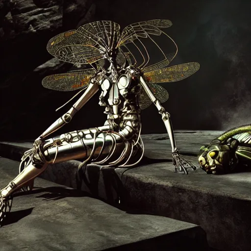 Prompt: still frame from Prometheus movie by Makoto Aida, biomechanical dragonfly angel gynoid, metal couture by neri oxmn and Guo pei, editorial by Malczewski and by Caravaggio