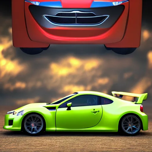 Image similar to An Evo 10 car and a BRZ car kissing, Pixar Cars movie style, 3D render, beautiful lighting, the cars have faces, extremely detailed, HDR, 4K, 8K