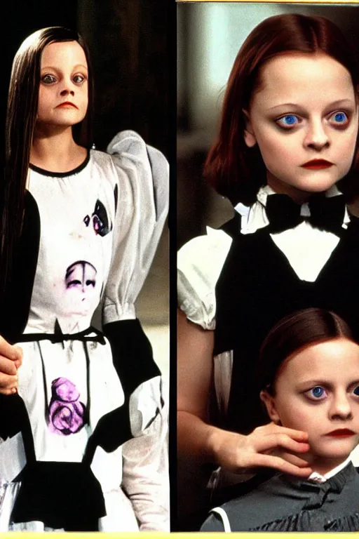 Image similar to Young Jodie Foster as Wednesday in The Addams Family movie 1991, iconic black dress, color