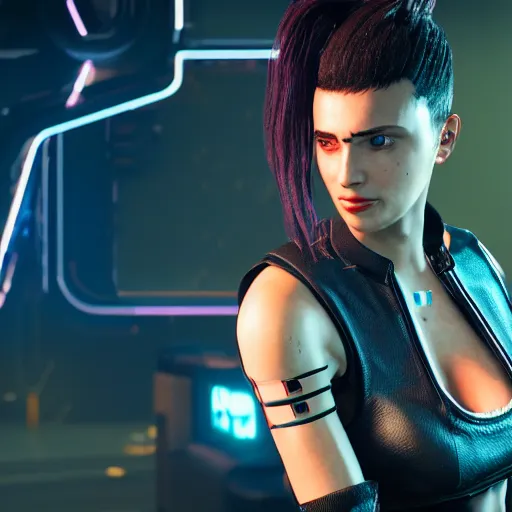 Prompt: female V from Cyberpunk 2077 wearing spiked choker, 4K