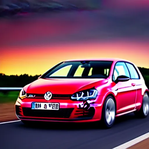 Prompt: a car driving VW Golf GTI at speed on autobahn, sunset, cinematic color, photorealistic, highly detailed, bokeh