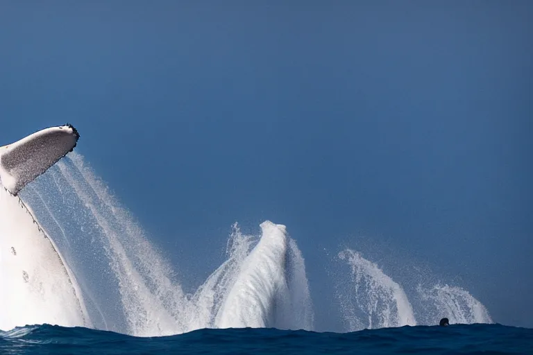 Image similar to underwater photography of a gigantic white whale jumping a wave at nazare