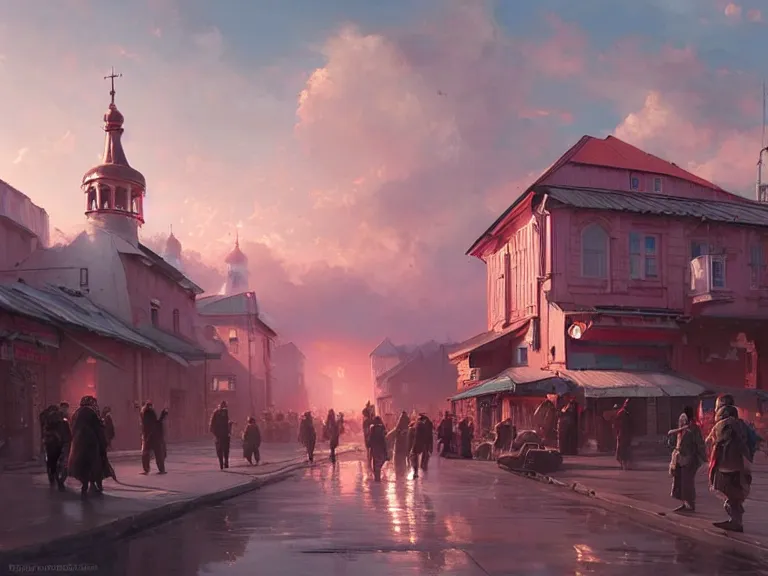 Image similar to a city of syzran!!!, militaristic!!!, romantic!!!, hyperrealistic, highly detailed, cinematic, pink sunlight, beautiful, cgssociety, artstation, 8 k, oil painting by greg rutkowski, by artgerm, by wlop