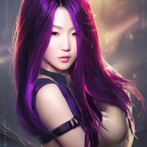 Image similar to photo of a gorgeous asian female with long dark purple hair in the style of stefan kostic, realistic, cyberpunk, body shot, sharp focus, 8 k high definition, insanely detailed, intricate, elegant, art by stanley lau and artgerm, floating embers