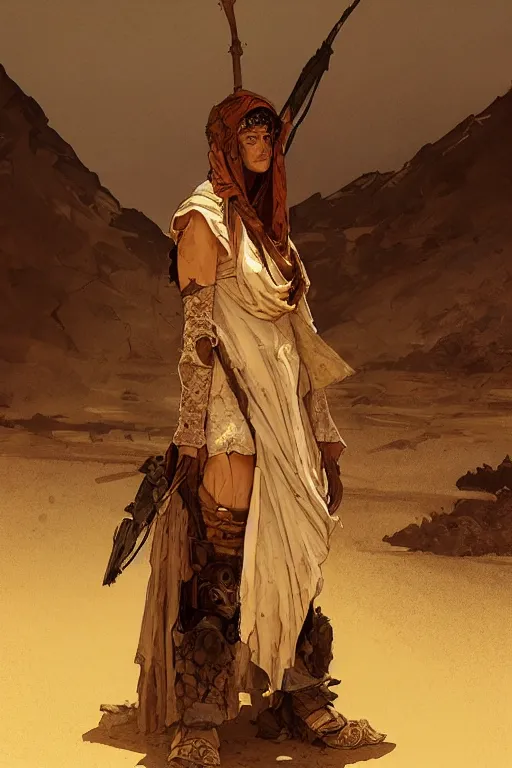 Image similar to a full body portrait of a beautiful post apocalyptic offworld desert bedouin blind barbarian leper by the road, intricate, elegant, highly detailed, digital painting, artstation, concept art, smooth, sharp focus, illustration, art by krenz cushart and artem demura and alphonse mucha