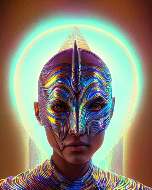 Image similar to highly detailed surreal vfx portrait of a metallic chromatic geometric tribal woman, behance, stephen bliss, unreal engine, greg rutkowski, loish, rhads, beeple, makoto shinkai and lois van baarle, ilya kuvshinov, rossdraws, tom bagshaw, alphonse mucha, global illumination, detailed and intricate environment