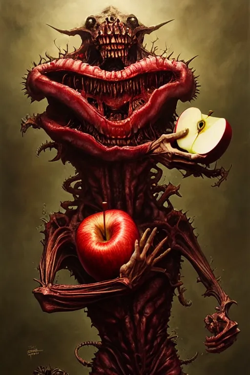 Image similar to tooth and flesh demon holding an apple gift by anna podedworna, ayami kojima, greg rutkowski, giger, maxim verehin