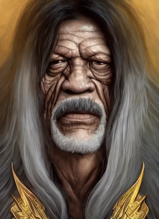 Image similar to Portrait of Danny Trejo, white glowing eyes, silver hair, cloak, ethereal wings, male, fantasy, extremely detailed, digital painting, artstation, concept art, smooth, sharp focus, illustration, stunning lighting, art by artgerm and greg rutkowski and alphonse mucha and simon stalenhag, realistic character concept, high fantasy, light atmosphere, golden ratio, cinematic lighting, hyperdetailed, high resolution, insanely detailed and intricate, artstation, Marc Simonetti, Greg Rutkowski, 8k