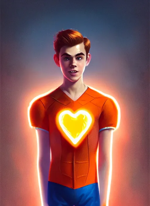 Image similar to kind teenage archie andrews wearing an orange superhero costume, superhero costume with heart emblem, cape, intricate, elegant, glowing lights, highly detailed, digital painting, artstation, sharp focus, illustration, art by wlop, mars ravelo and greg rutkowski