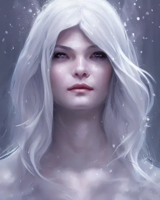 Image similar to portrait of a beautiful snow goddess, flowy white grey hair, grey eyes, cinematic lighting, highly detailed, digital painting, trending on artstation, pixiv, concept art, sharp focus, illustration, art by ross tran and wlop