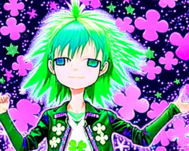 Image similar to a hologram of decora styled green haired yotsuba koiwai wearing a gothic spiked jacket, background full of lucky clovers, crosses, and shinning stars, holography, irridescent