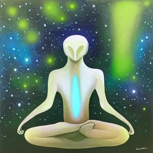 Image similar to painting of a tranquil alien made of light and glows meditating in dense forest by Li Lian Kolster, acrylic art, ethereal, soothing, somber, elegant, warm light, cozy, breathtaking,