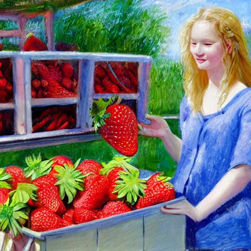 Image similar to Cute Blonde Girl 21 years old with locks sells Strawberries in a fruit stand, the fruit stand is a giant Strawberry, oil on canvas, Impressionism