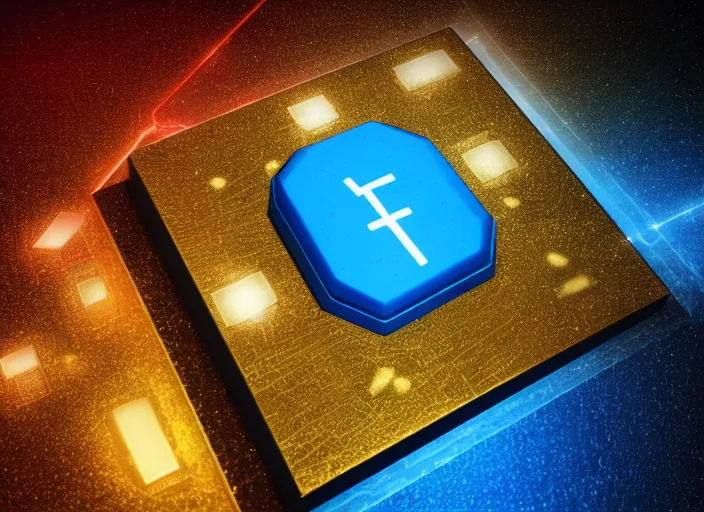 Image similar to flat square magic golden computer chip with runes and a glowing blue crystal in the center, mana flowing around it, product photo, macro, dynamic composition, hyperrealism, octane render, trending on artstation, unreal engine 5, 4 k, 8 k