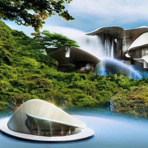 Image similar to a futuristic modern house, on a floating rock island, alien planet covered in water, multiple waterfalls, multiple moons glowing, stars, frank gehry