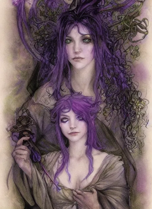 Image similar to portrait of young female sorceress of the endtimes, transluscent skin, lavender hair, beautiful! coherent! dungeons and dragons character, by brian froud, strong line, cool night color, high contrast