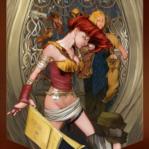 Image similar to an epic fantasy comic book style painting of a young red headed girl with a book in one arm meeting a young boy thief with blonde wearing plain brown leather thief clothes, d & d, fantasy, intricate, elegant, highly detailed, digital painting, artstation, concept art, matte, sharp focus, illustration, art by artgerm and greg rutkowski and alphonse mucha