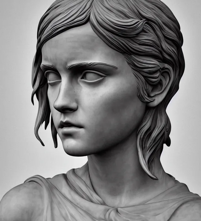 Image similar to stoic statue of emma watson, vaporwave, aesthetic, naturel, symmetrical face, hyper detailed, digital sculpture, trending in artstation, cinematic lighting, studio quality, smooth render, unreal engine 5 rendered, octane rendered