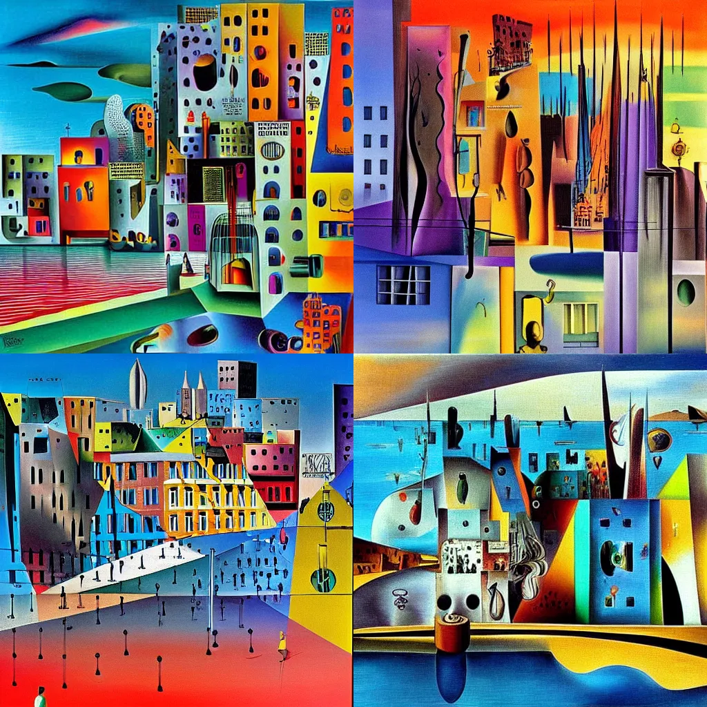 Prompt: modern city scape by Salvador Dali, colorful