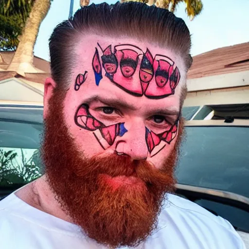 Image similar to an ex con gangster florida man baby with a big red beard and facial tattoos