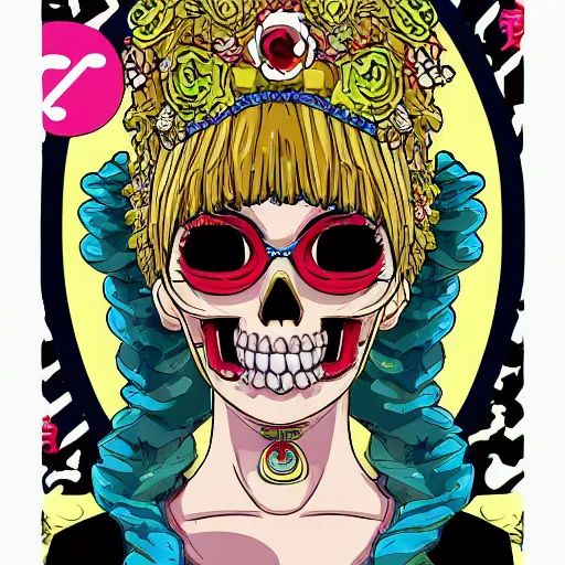 Prompt: anime manga skull portrait girl face marge simpson the Simpsons detailed highres 4k Mucha and James Jean pop art nouveau
