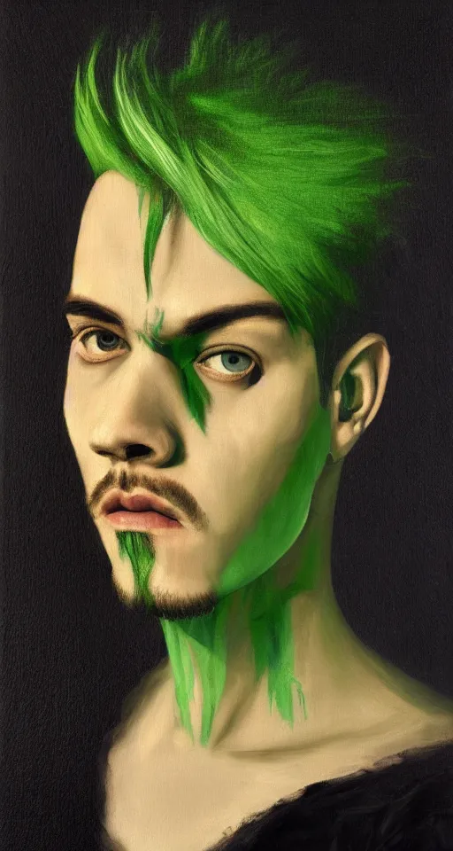 Prompt: jacksepticeye with dyed green hair renaissance portrait painting, chiaroscuro, oil paints on canvas