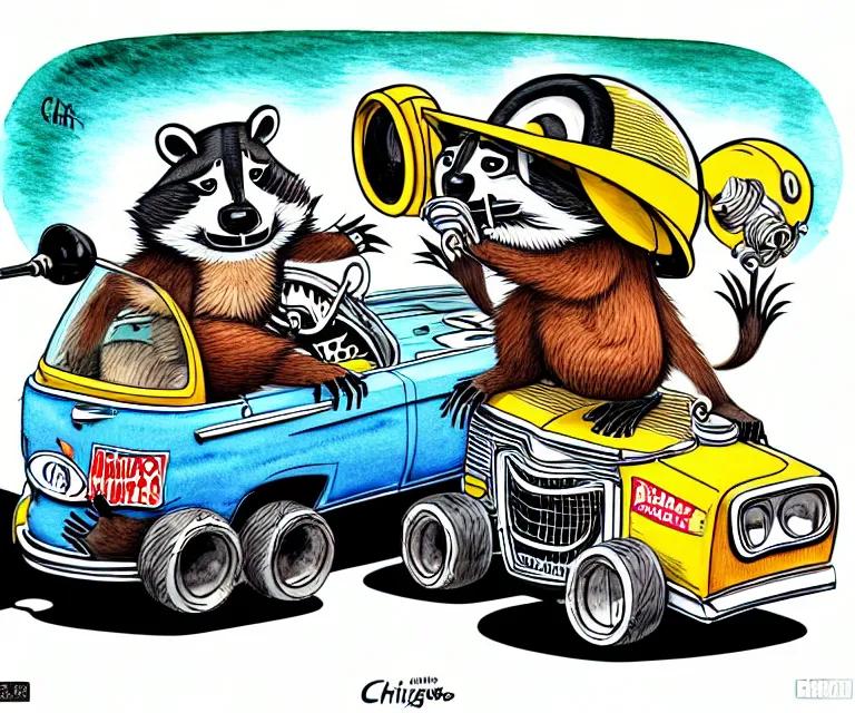 Prompt: cute and funny, raccoon and badger wearing a helmet, driving a hotrod, oversized enginee, ratfink style by ed roth, centered award winning watercolor pen illustration, isometric illustration by chihiro iwasaki, the artwork of r. crumb and his cheap suit, cult - classic - comic,