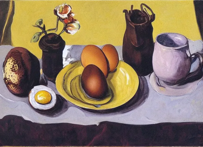 Image similar to a surreal painting of a breakfast still life, coffee, eggs, flowers, by George Baselitz, symbolist, soft colors, dramatic lighting, smooth, sharp focus, extremely detailed, aesthetically pleasing composition