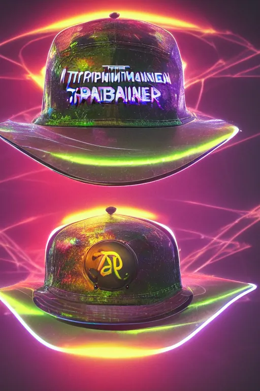 Prompt: photo of a baseball cap, band merchandise, bandname is tripmachine, tourname is invasion of the tripmachines, realistic digital art, printed with a 3 d render of a huge futuristic steampunk generator, 8 k, fluorescent colors, halluzinogenic, multicolored, exaggerated detailed, unreal engine