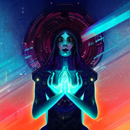 Image similar to intricate holographic quantum ghostwave entanglement goth girl made of microcircuitry and transistors in a glowing deap sea by peter mohrbacher and dan mumford, trending on artstation, cgsociety 4 k