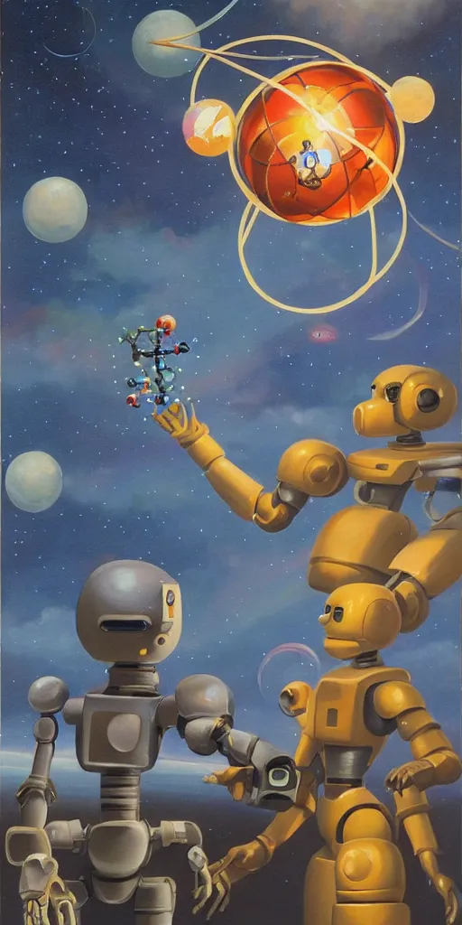 Image similar to a painting by ralph mcquarrie of floating molecules and a robot artist holding an icosahedron with stars, clouds, and rainbows in the background, trending on artstation, masterpiece, incredible details