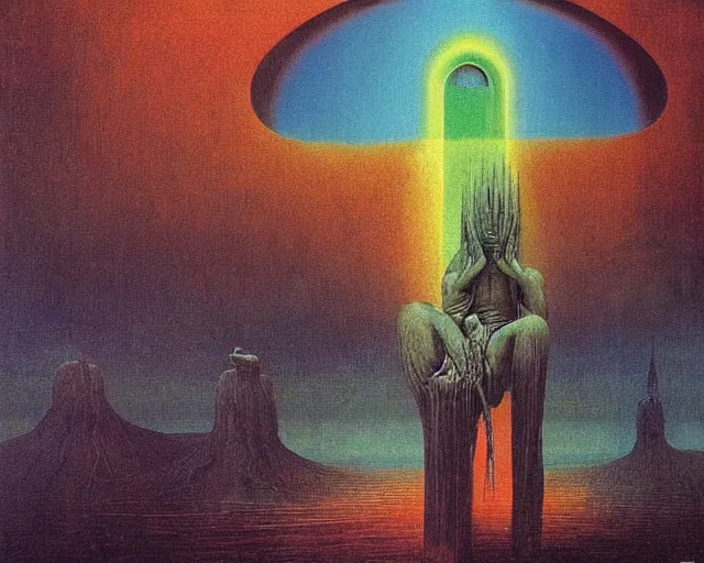 Prompt: praying to ancient gods of transitioning by beksinski, carrington, bosch, dali, barlowe, magritte, pagan bright multirainbow colors