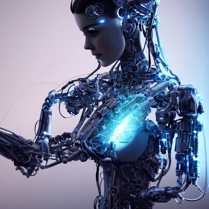 Image similar to Ultra realistic full shot of a cyborg woman under repair ,with mechanical arms that fix, cable, laser for fix arm, it,cyberpunk,sci-fi, fantasy,Kodak , colour led, soft light, volumetric lighting ,night, intricate, elegant, highly detailed, digital painting, artstation, concept art, smooth, sharp focus, illustration,art by artgerm and greg rutkowski and alphonse mucha