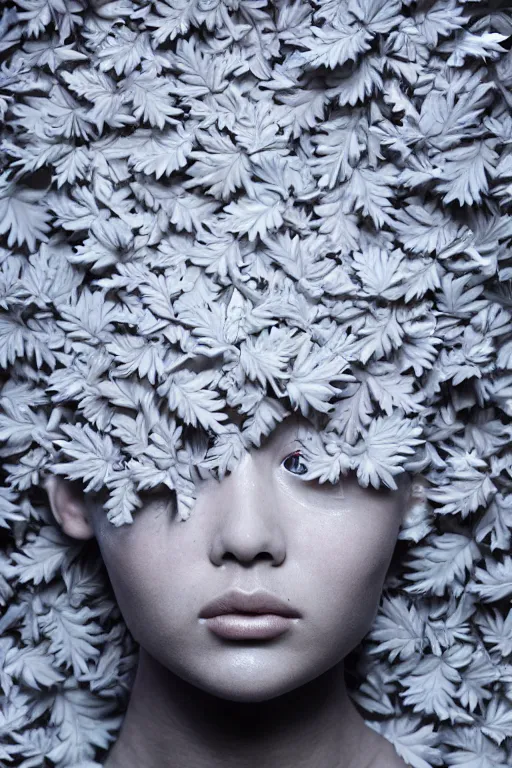 Prompt: full head and shoulders, beautiful porcelain female person, mixed with three giant eyes in macro detail, smooth, delicate facial features, white detailed eyes, white lashes, 3 d white shiny thick, wearing colourful streetwear, background is a wall of leaves, by daniel arsham and james jean, featured in pictoplasma