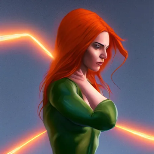 Image similar to jean grey, a full body portrait of jean grey, green eyes, red hair, phoenix rising, flames, flying, comic, x - men, highly detailed, artstation, deviantart, symetry, digital painting, vivid colors, realistic shaded perfect face, volumetric lighting, atmospheric, sharp focus, moody, in the style of alex ross, 8 k